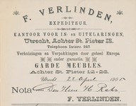 712172 Kop van een nota van F. Verlinden, Expediteur, Achter Sint Pieter 12, Garde Meubles: Achter St. Pieter 12-26 te ...